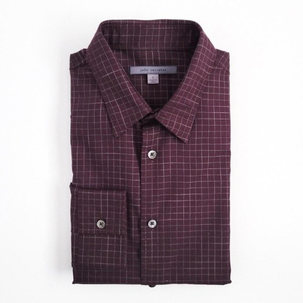 NEW John Varvatos Wool Cotton Shirt Casual Button Up Plaid Burgundy Mens S